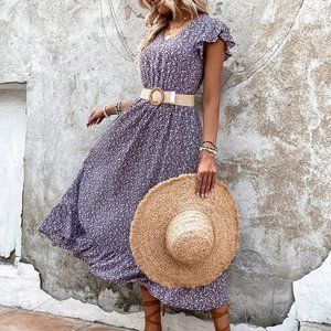 New Ditsy Floral Print Butterfly Sleeve Ruffle Hem Dress Without Belt